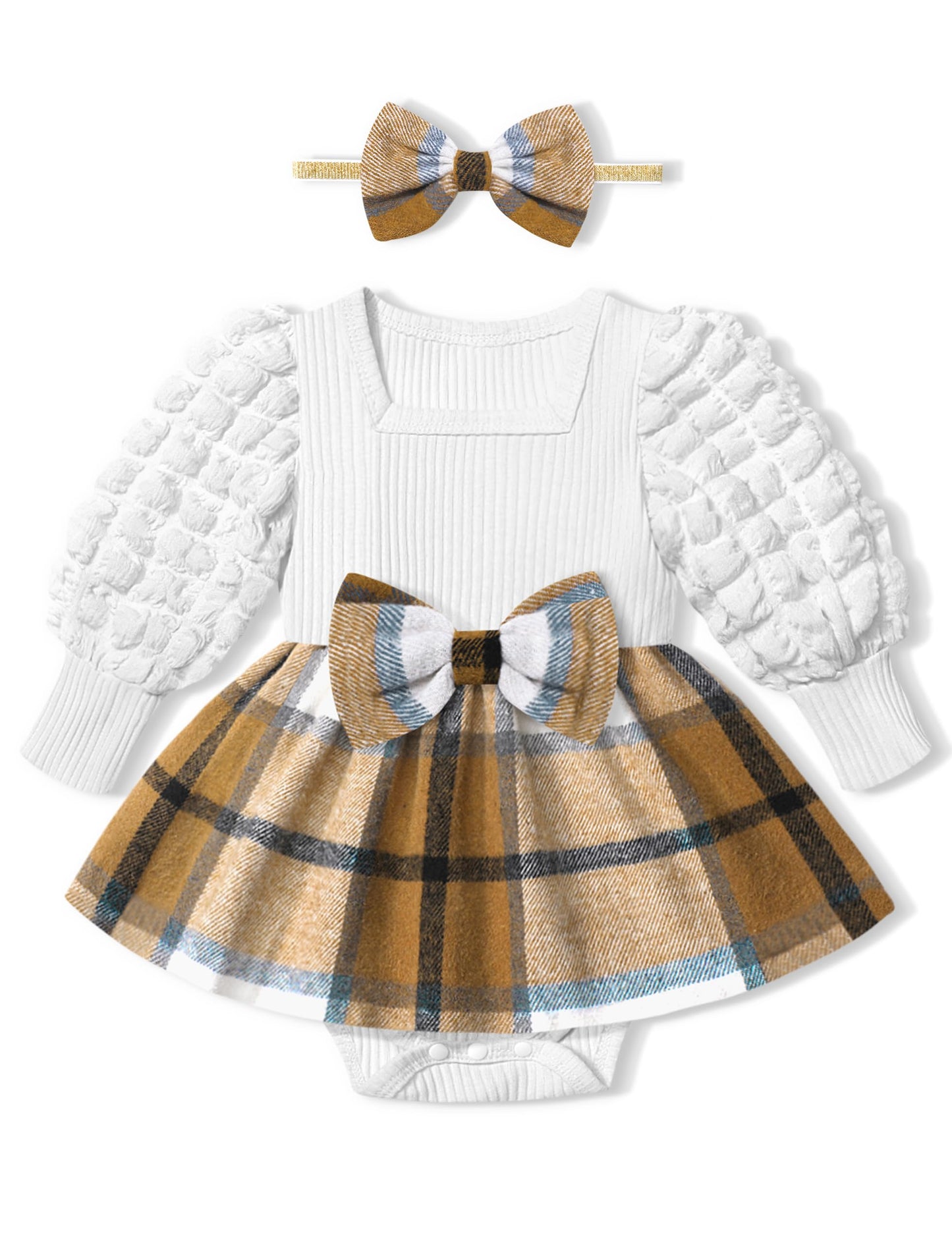 Puff Sleeve Plaid Romper Dress